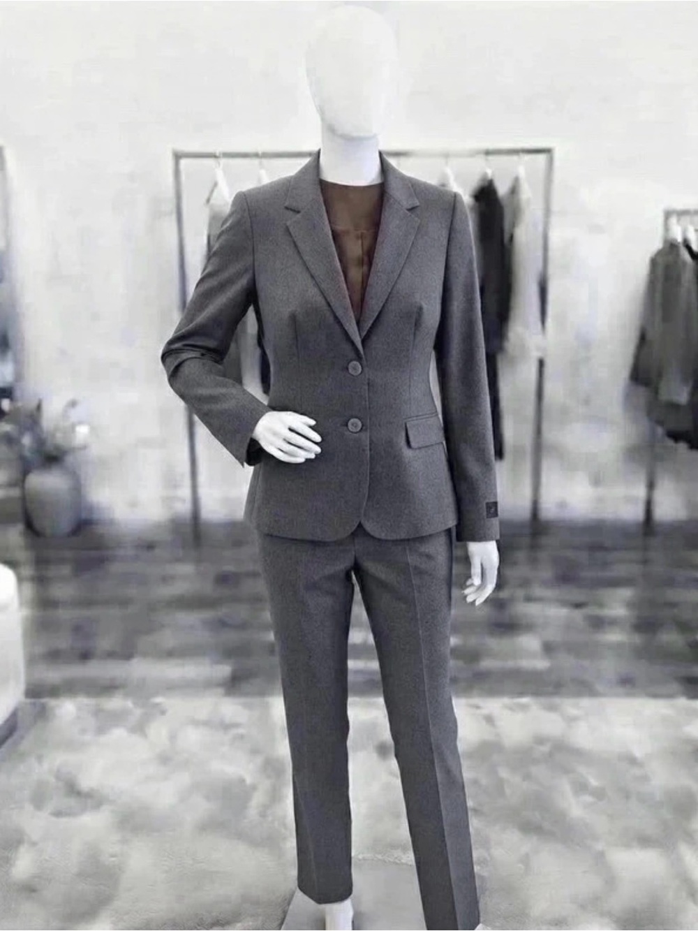 Tahari Gray Tailored Two-Button Pantsuit